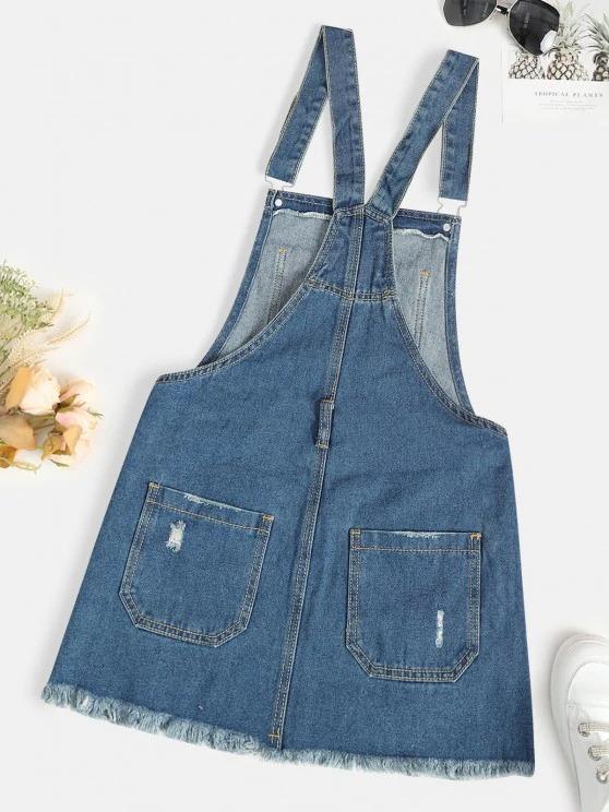 Distressed Frayed Denim Pinafore Dress - Dresses - INS | Online Fashion Free Shipping Clothing, Dresses, Tops, Shoes - 02/09/2021 - Blue - Casual Dresses