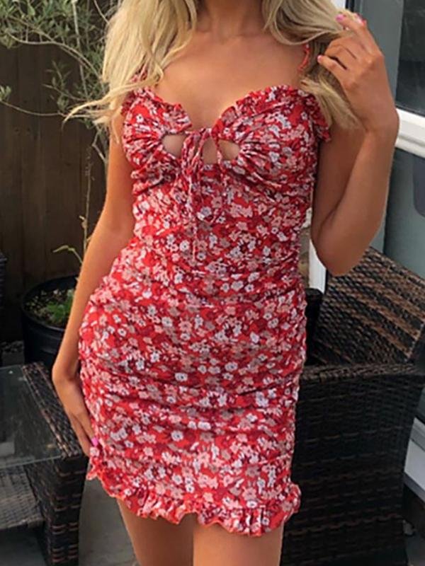 Disty Print Ruffle Strappy Cutout Sling Mini Dress - Mini Dresses - INS | Online Fashion Free Shipping Clothing, Dresses, Tops, Shoes - 23/04/2021 - Catagory_Mini Dresses - Color_Khaki