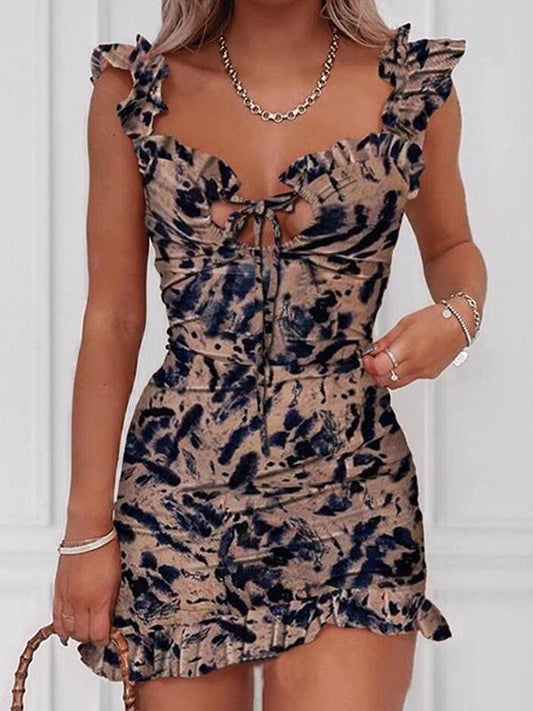 Disty Print Ruffle Strappy Cutout Sling Mini Dress - Mini Dresses - INS | Online Fashion Free Shipping Clothing, Dresses, Tops, Shoes - 23/04/2021 - Catagory_Mini Dresses - Color_Khaki