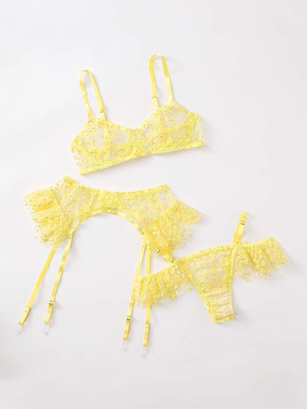 Ditsy Floral Sheer Mesh Garter Lingerie Set - INS | Online Fashion Free Shipping Clothing, Dresses, Tops, Shoes