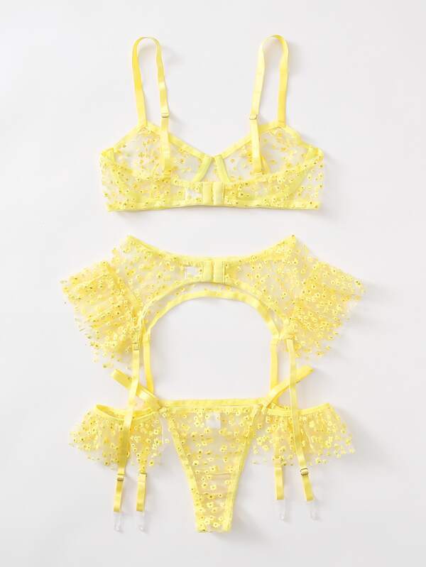Ditsy Floral Sheer Mesh Garter Lingerie Set - INS | Online Fashion Free Shipping Clothing, Dresses, Tops, Shoes