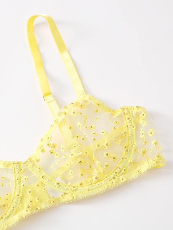 Ditsy Floral Sheer Mesh Garter Lingerie Set - INS | Online Fashion Free Shipping Clothing, Dresses, Tops, Shoes