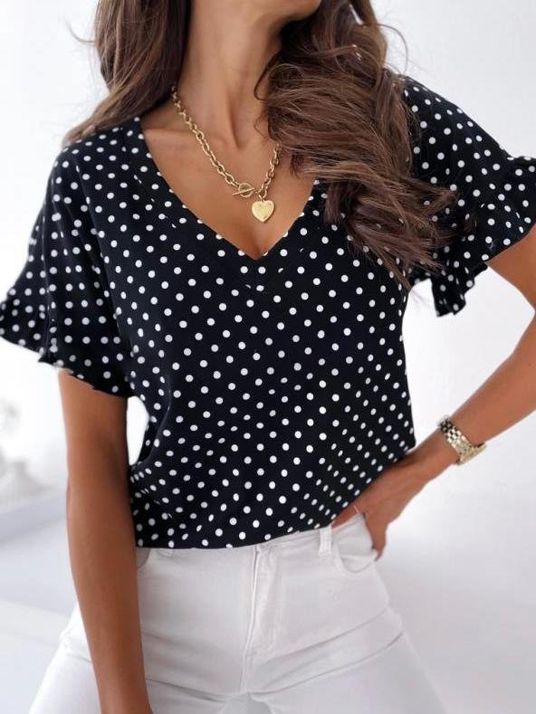 Dot Print Short Sleeve V-Neck T-Shirt - T-Shirts - INS | Online Fashion Free Shipping Clothing, Dresses, Tops, Shoes - 11/06/2021 - Category_T-Shirts - Color_Black
