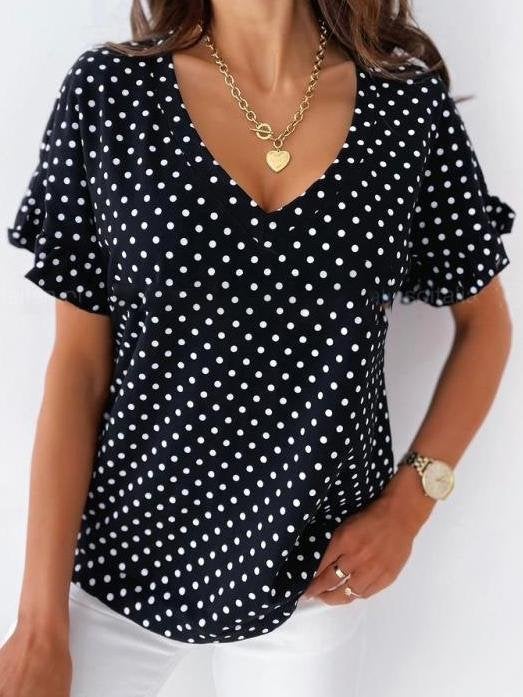 Dot Print Short Sleeve V-Neck T-Shirt - T-Shirts - INS | Online Fashion Free Shipping Clothing, Dresses, Tops, Shoes - 11/06/2021 - Category_T-Shirts - Color_Black