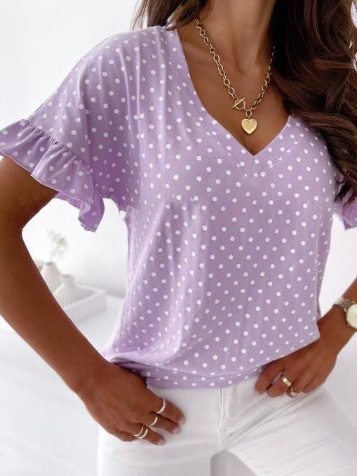 Dot Print Short Sleeve V-Neck T-Shirt - T-Shirts - INS | Online Fashion Free Shipping Clothing, Dresses, Tops, Shoes - 11/06/2021 - Category_T-Shirts - Color_Black