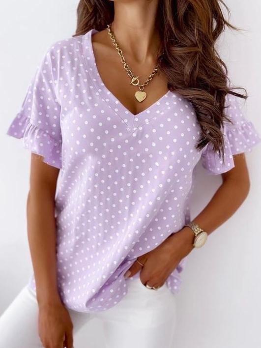 Dot Print Short Sleeve V-Neck T-Shirt - T-Shirts - INS | Online Fashion Free Shipping Clothing, Dresses, Tops, Shoes - 11/06/2021 - Category_T-Shirts - Color_Black
