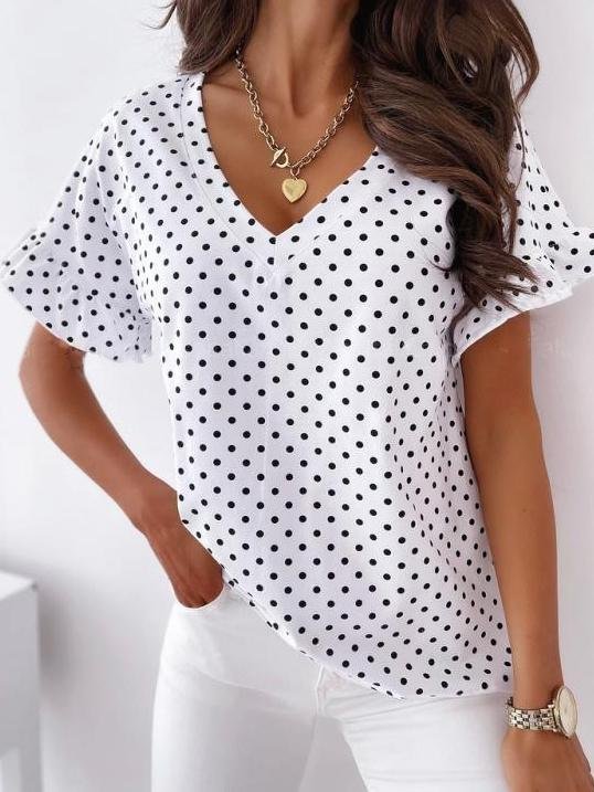 Dot Print Short Sleeve V-Neck T-Shirt - T-Shirts - INS | Online Fashion Free Shipping Clothing, Dresses, Tops, Shoes - 11/06/2021 - Category_T-Shirts - Color_Black