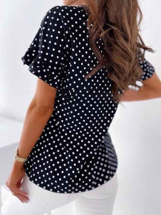Dot Print Short Sleeve V-Neck T-Shirt - T-Shirts - INS | Online Fashion Free Shipping Clothing, Dresses, Tops, Shoes - 11/06/2021 - Category_T-Shirts - Color_Black