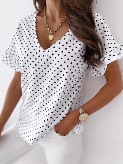 Dot Print Short Sleeve V-Neck T-Shirt - T-Shirts - INS | Online Fashion Free Shipping Clothing, Dresses, Tops, Shoes - 11/06/2021 - Category_T-Shirts - Color_Black