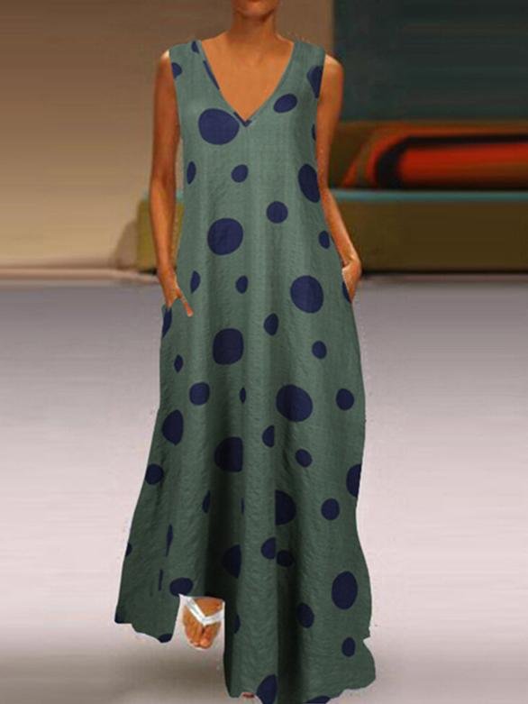 Dot Print V-neck Loose Sleeveless Dress - Maxi Dresses - INS | Online Fashion Free Shipping Clothing, Dresses, Tops, Shoes - 19/07/2021 - 20-30 - color-green