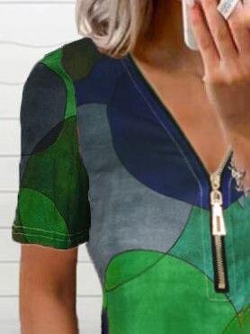 Dot Print Zipper V-neck Short Sleeves T-shirt - T-shirts - INS | Online Fashion Free Shipping Clothing, Dresses, Tops, Shoes - 07/07/2021 - 10-20 - color-blue