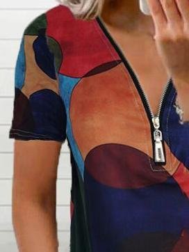 Dot Print Zipper V-neck Short Sleeves T-shirt - T-shirts - INS | Online Fashion Free Shipping Clothing, Dresses, Tops, Shoes - 07/07/2021 - 10-20 - color-blue