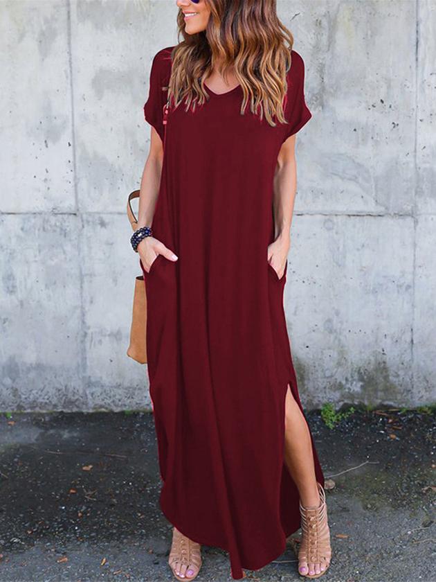 Drop Shoulder Casual Pocket Slit Maxi Dress - Maxi Dresses - INS | Online Fashion Free Shipping Clothing, Dresses, Tops, Shoes - 24/04/2021 - Category_Maxi Dresses - chiffon-dress