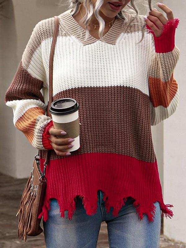 Drop Shoulder Colorblock Frayed Sweater - Sweaters - INS | Online Fashion Free Shipping Clothing, Dresses, Tops, Shoes - 02/08/2021 - Autumn - Casual