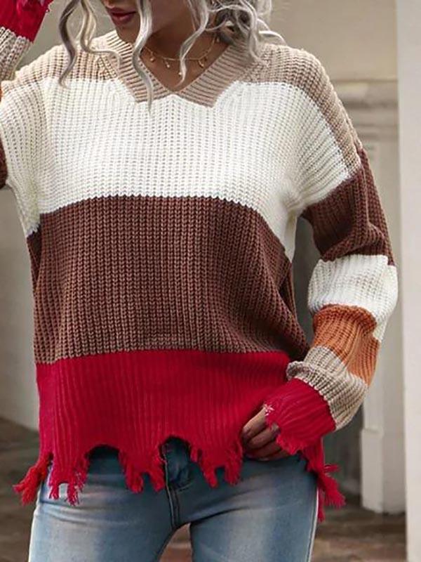 Drop Shoulder Colorblock Frayed Sweater - Sweaters - INS | Online Fashion Free Shipping Clothing, Dresses, Tops, Shoes - 02/08/2021 - Autumn - Casual