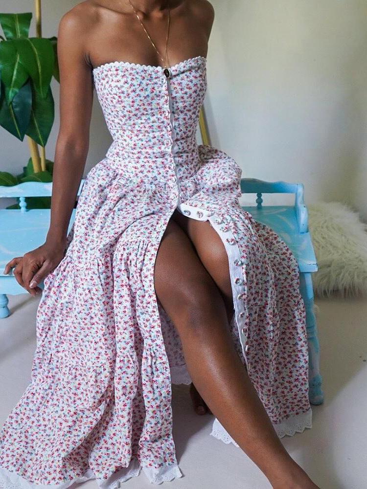 Elegant Floral Print High Waist Tube Top Dress - Maxi Dresses - INS | Online Fashion Free Shipping Clothing, Dresses, Tops, Shoes - 17/06/2021 - 40-50 - color-green
