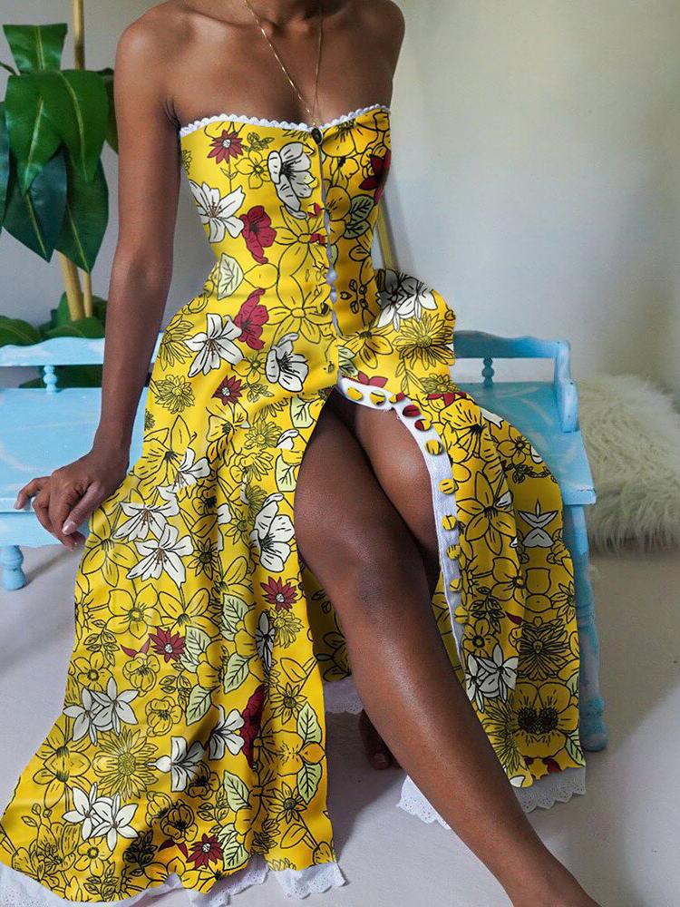 Elegant Floral Print High Waist Tube Top Dress - Maxi Dresses - INS | Online Fashion Free Shipping Clothing, Dresses, Tops, Shoes - 17/06/2021 - 40-50 - color-green