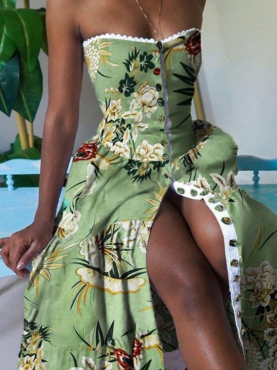 Elegant Floral Print High Waist Tube Top Dress - Maxi Dresses - INS | Online Fashion Free Shipping Clothing, Dresses, Tops, Shoes - 17/06/2021 - 40-50 - color-green