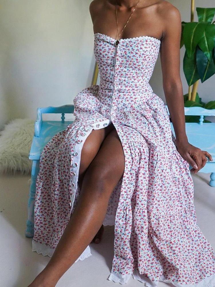 Elegant Floral Print High Waist Tube Top Dress - Maxi Dresses - INS | Online Fashion Free Shipping Clothing, Dresses, Tops, Shoes - 17/06/2021 - 40-50 - color-green