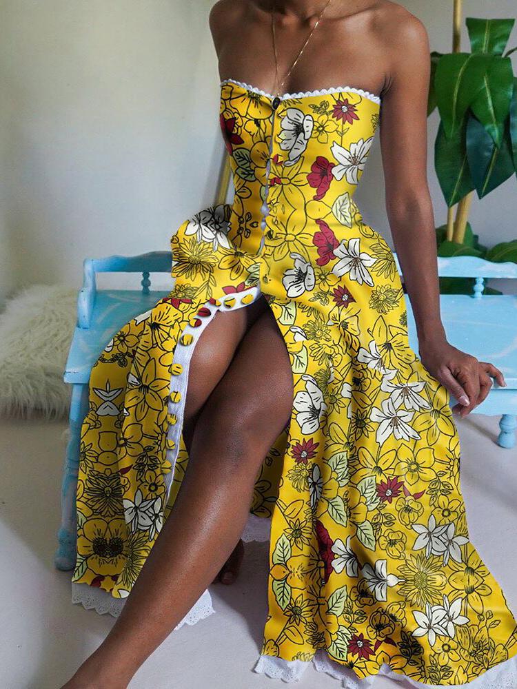 Elegant Floral Print High Waist Tube Top Dress - Maxi Dresses - INS | Online Fashion Free Shipping Clothing, Dresses, Tops, Shoes - 17/06/2021 - 40-50 - color-green