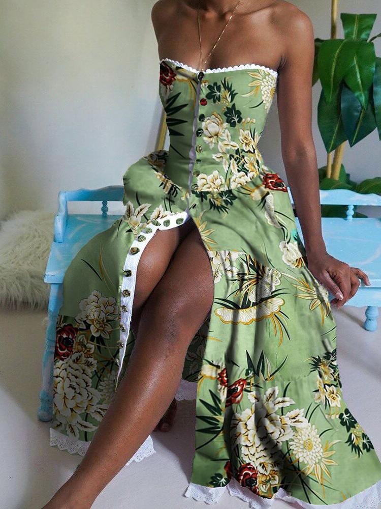 Elegant Floral Print High Waist Tube Top Dress - Maxi Dresses - INS | Online Fashion Free Shipping Clothing, Dresses, Tops, Shoes - 17/06/2021 - 40-50 - color-green