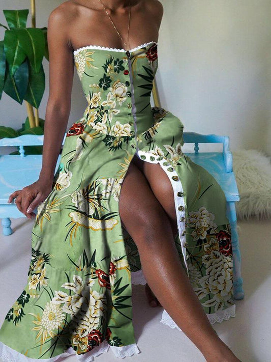 Elegant Floral Print High Waist Tube Top Dress - Maxi Dresses - INS | Online Fashion Free Shipping Clothing, Dresses, Tops, Shoes - 17/06/2021 - 40-50 - color-green