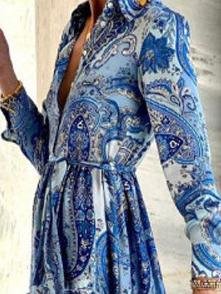 Elegant Long Sleeve V Neck Lapel Dress - Maxi Dresses - INS | Online Fashion Free Shipping Clothing, Dresses, Tops, Shoes - 23/06/2021 - 30-40 - color-blue