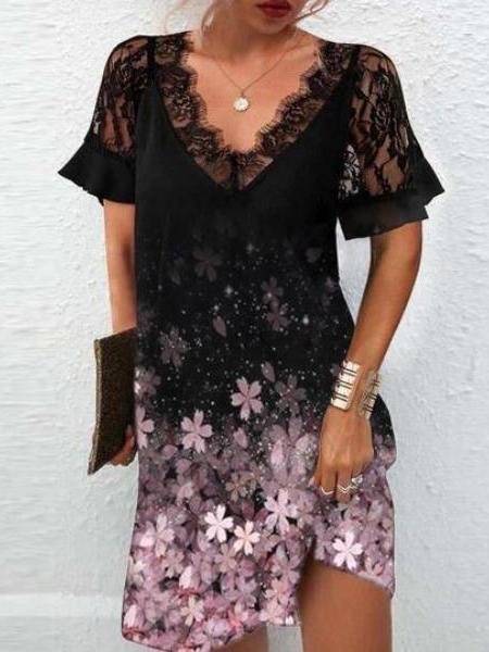 Elegant V-neck Lace Short-sleeved Dress - Mini Dresses - INS | Online Fashion Free Shipping Clothing, Dresses, Tops, Shoes - 14/07/2021 - 20-30 - color-gold