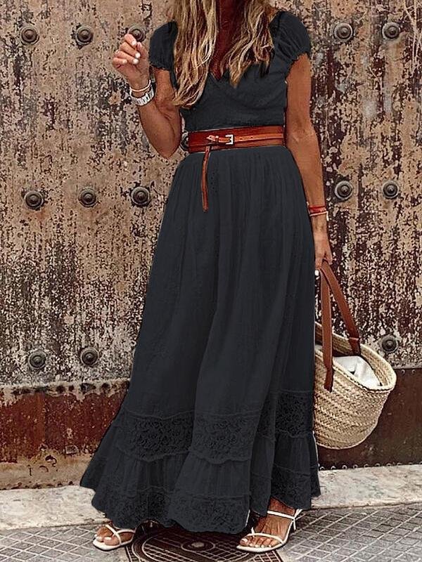 Elegant V-neck Lace Stitching Belt Long Dress - Maxi Dresses - INS | Online Fashion Free Shipping Clothing, Dresses, Tops, Shoes - 01/06/2021 - Color_Black - Color_White