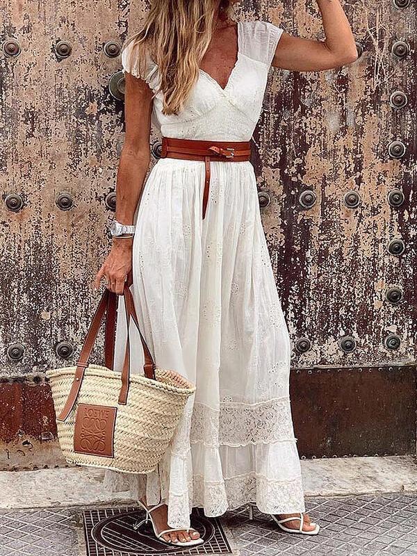 Elegant V-neck Lace Stitching Belt Long Dress - Maxi Dresses - INS | Online Fashion Free Shipping Clothing, Dresses, Tops, Shoes - 01/06/2021 - Color_Black - Color_White