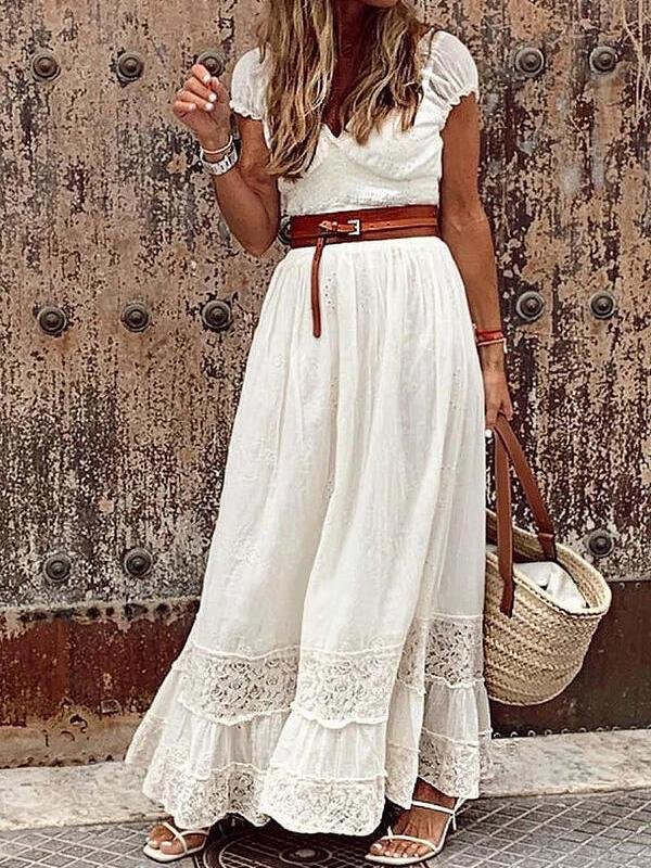 Elegant V-neck Lace Stitching Belt Long Dress - Maxi Dresses - INS | Online Fashion Free Shipping Clothing, Dresses, Tops, Shoes - 01/06/2021 - Color_Black - Color_White