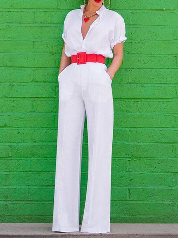 Elegant V-neck Short-sleeved Solid Jumpsuit - Jumpsuit & Rompers - INS | Online Fashion Free Shipping Clothing, Dresses, Tops, Shoes - 09/07/2021 - 30-40 - Bottoms