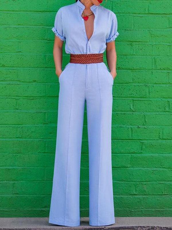 Elegant V-neck Short-sleeved Solid Jumpsuit - Jumpsuit & Rompers - INS | Online Fashion Free Shipping Clothing, Dresses, Tops, Shoes - 09/07/2021 - 30-40 - Bottoms