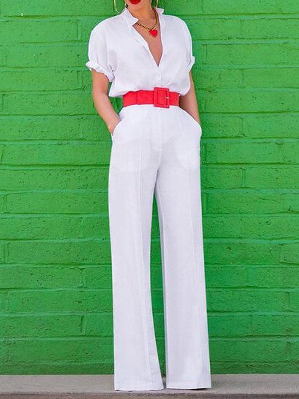 Elegant V-neck Short-sleeved Solid Jumpsuit - Jumpsuit & Rompers - INS | Online Fashion Free Shipping Clothing, Dresses, Tops, Shoes - 09/07/2021 - 30-40 - Bottoms