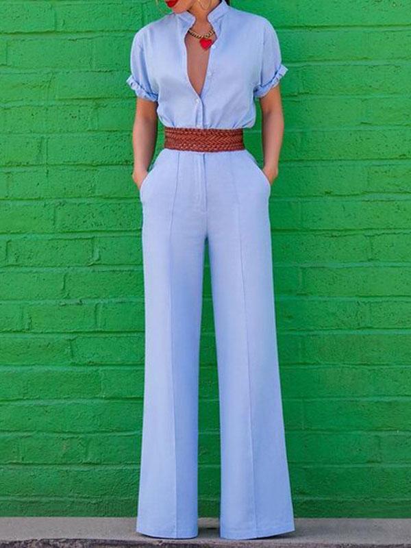 Elegant V-neck Short-sleeved Solid Jumpsuit - Jumpsuit & Rompers - INS | Online Fashion Free Shipping Clothing, Dresses, Tops, Shoes - 09/07/2021 - 30-40 - Bottoms