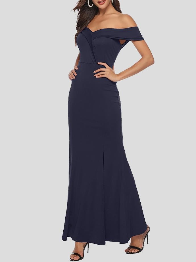 Elegant V-neck Slit Off-the-shoulder Dress - Maxi Dresses - INS | Online Fashion Free Shipping Clothing, Dresses, Tops, Shoes - 17/06/2021 - 30-40 - color-blue