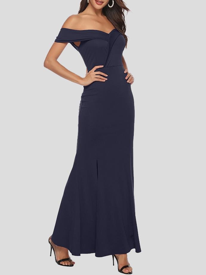 Elegant V-neck Slit Off-the-shoulder Dress - Maxi Dresses - INS | Online Fashion Free Shipping Clothing, Dresses, Tops, Shoes - 17/06/2021 - 30-40 - color-blue