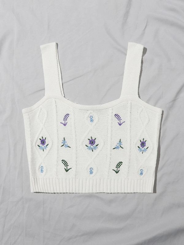 Embroidered Flower Crop Knit Cami Top - INS | Online Fashion Free Shipping Clothing, Dresses, Tops, Shoes
