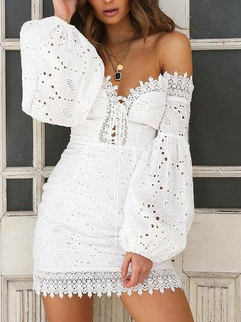 Embroidered Lace One-shoulder Puff Sleeved Mini Dress - Mini Dresses - INS | Online Fashion Free Shipping Clothing, Dresses, Tops, Shoes - 04/13/2021 - Colour_White - DRE210412764