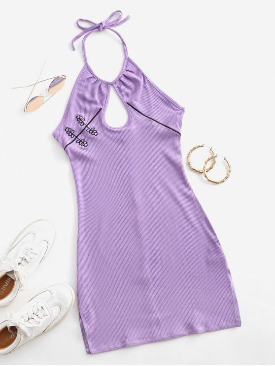 Embroidered Ribbed Keyhole Halter Dress - Dresses - INS | Online Fashion Free Shipping Clothing, Dresses, Tops, Shoes - 02/09/2021 - Bodycon Dresses - Color_Purple