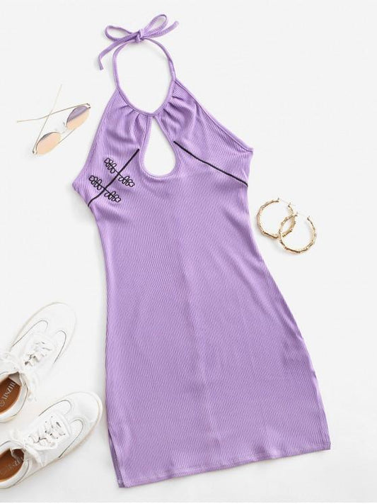 Embroidered Ribbed Keyhole Halter Dress - Dresses - INS | Online Fashion Free Shipping Clothing, Dresses, Tops, Shoes - 02/09/2021 - Bodycon Dresses - Color_Purple