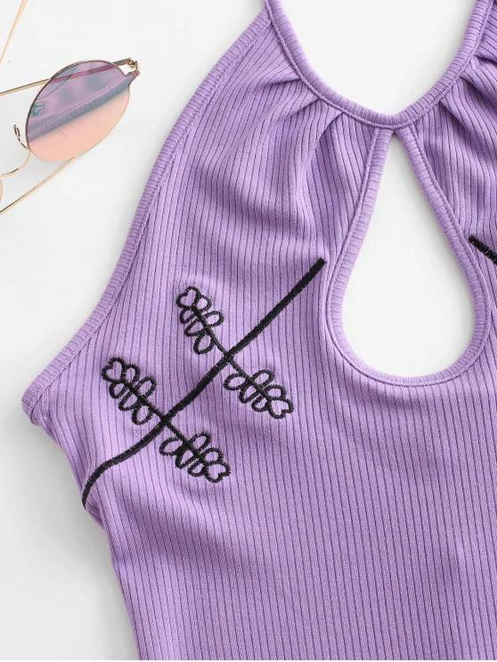 Embroidered Ribbed Keyhole Halter Dress - Dresses - INS | Online Fashion Free Shipping Clothing, Dresses, Tops, Shoes - 02/09/2021 - Bodycon Dresses - Color_Purple