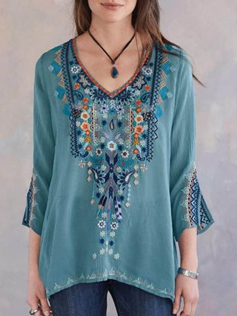Embroidery Print 3/4 Sleeve V-neck Shirt - T-shirts - INS | Online Fashion Free Shipping Clothing, Dresses, Tops, Shoes - 04/06/2021 - Color_Blue - Color_Gray