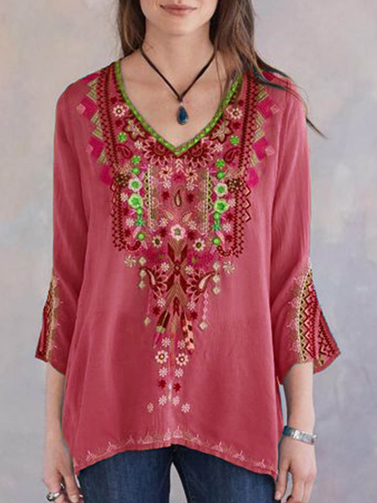 Embroidery Print 3/4 Sleeve V-neck Shirt - T-shirts - INS | Online Fashion Free Shipping Clothing, Dresses, Tops, Shoes - 04/06/2021 - Color_Blue - Color_Gray