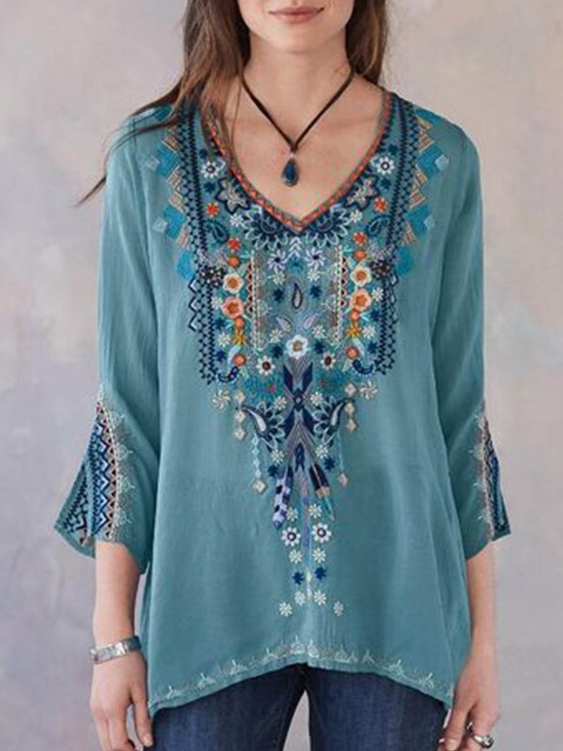 Embroidery Print 3/4 Sleeve V-neck Shirt - T-shirts - INS | Online Fashion Free Shipping Clothing, Dresses, Tops, Shoes - 04/06/2021 - Color_Blue - Color_Gray