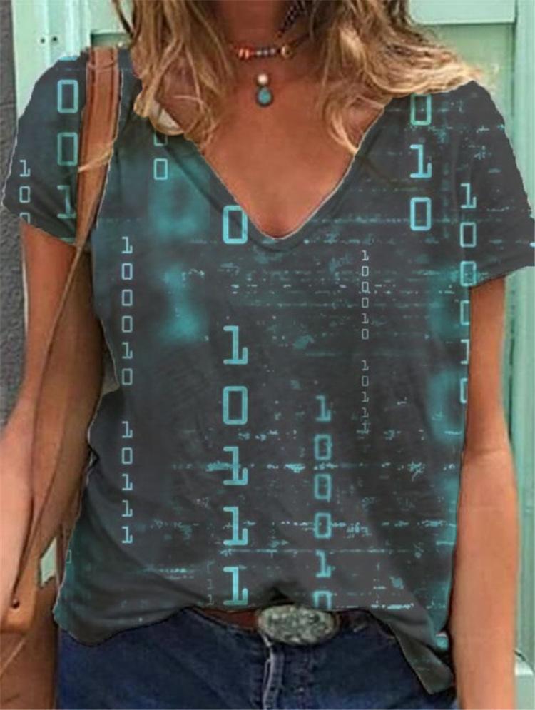 English Print Short-sleeved V-neck Casual Loose T-shirt - T-shirts - INS | Online Fashion Free Shipping Clothing, Dresses, Tops, Shoes - 05/06/2021 - Color_Blue - Color_Gray