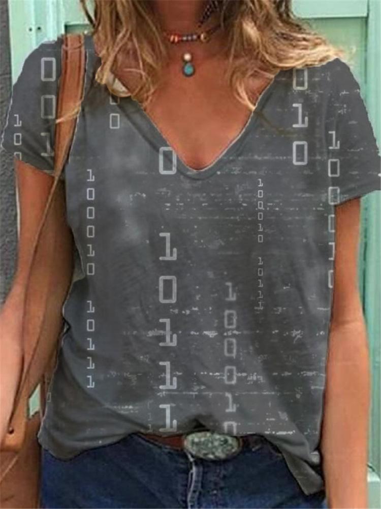 English Print Short-sleeved V-neck Casual Loose T-shirt - T-shirts - INS | Online Fashion Free Shipping Clothing, Dresses, Tops, Shoes - 05/06/2021 - Color_Blue - Color_Gray