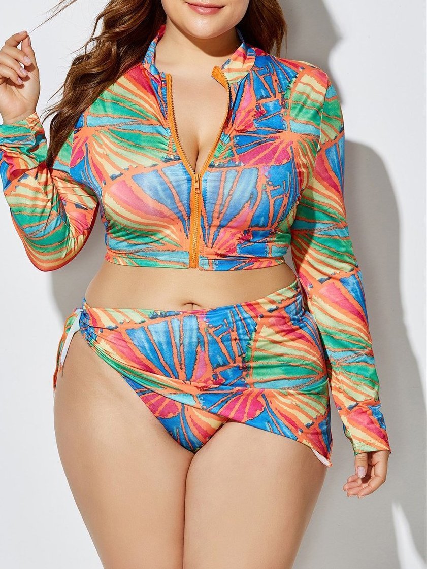Exotic Printed Bikini Split Swimsuit With Scarf - Plus Swimsuits - INS | Online Fashion Free Shipping Clothing, Dresses, Tops, Shoes - 22/04/2021 - Color_Multi Color - Plus Swimsuits