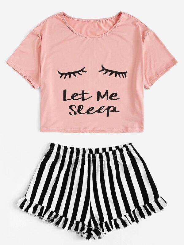 Eye and Letter Graphic Top & Ruffle Striped Shorts PJ Set - INS | Online Fashion Free Shipping Clothing, Dresses, Tops, Shoes