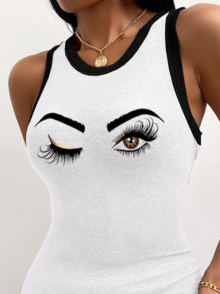 Eye-catching Eye Print Round Neck Ribbed Tank Dress - Bodycon Dresses - INS | Online Fashion Free Shipping Clothing, Dresses, Tops, Shoes - 26/04/2021 - Bodycon Dresses - Color_White